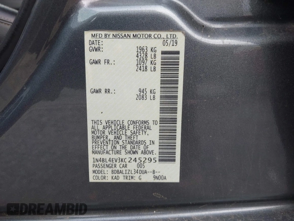 2019 Nissan Altima SL with VIN 1N4BL4EV3KC245295, listed as a IAAI auction lot 42099586 with 92,623 mi miles and . Bid and sale history available at DreamBid. Image 9.