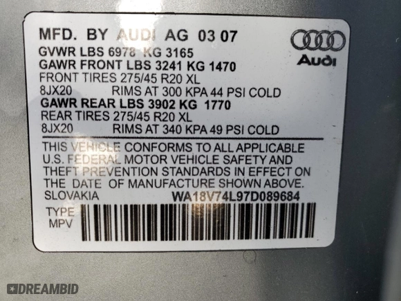 2007 Audi Q7 Premium with VIN WA1BV74L97D089684, listed as a Copart auction lot 46530464 with 133,732 mi miles and Salvage Title. Bid and sale history available at carsss.com. Image 12.