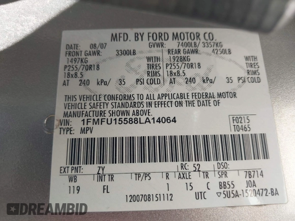 2008 Ford Expedition SSV with VIN 1FMFU15588LA14064, listed as a IAAI auction lot 42385906 with 182,031 mi miles and . Bid and sale history available at DreamBid. Image 9.