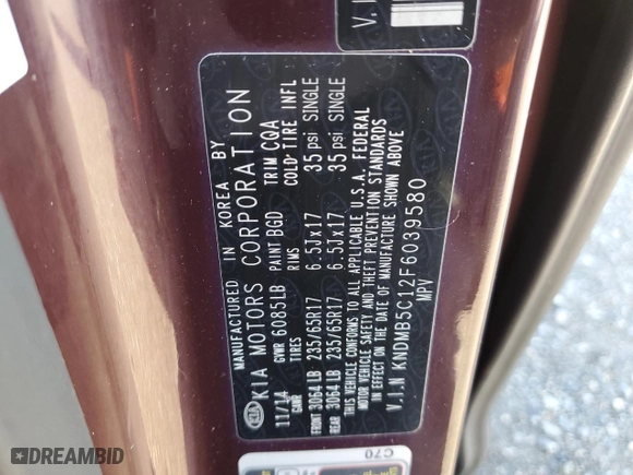 2015 Kia Sedona LX with VIN KNDMB5C12F6039580, listed as a Copart auction lot 48146684 with 108,410 mi miles and Non Repairable. Bid and sale history available at carsss.com. Image 13.