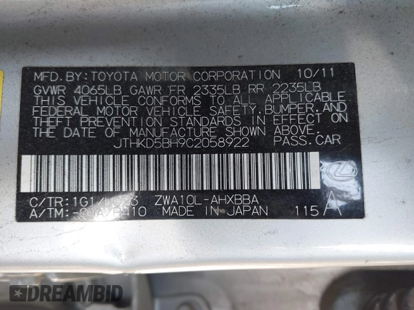 2012 Lexus CT 200h with VIN JTHKD5BH9C2058922, listed as a IAAI auction lot 42485928 with Not provided miles and . Bid and sale history available at DreamBid. Image 9.