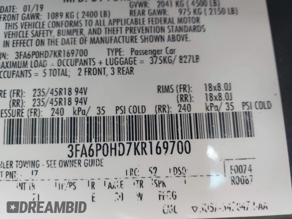 2019 Ford Fusion SE with VIN 3FA6P0HD7KR169700, listed as a IAAI auction lot 42064494 with 56,463 mi miles and . Bid and sale history available at DreamBid. Image 9.