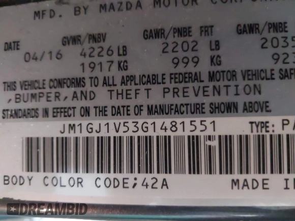 2016 Mazda Mazda6 i Touring with VIN JM1GJ1V53G1481551, listed as a IAAI auction lot 41525760 with 89,880 mi miles. Bid and sale history available at carsss.com. Image 9.