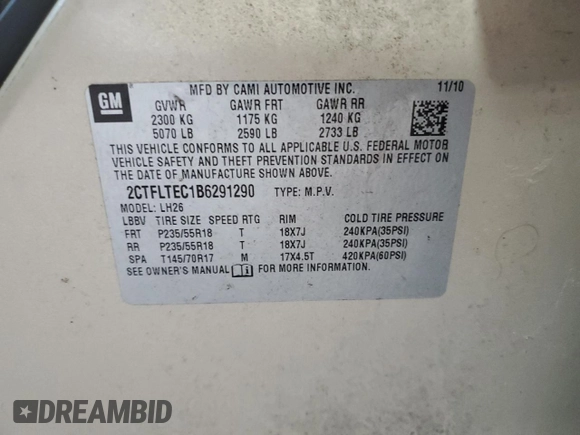 2011 GMC Terrain SLE-2 with VIN 2CTFLTEC1B6291290, listed as a Copart auction lot 59023515 with 115,577 mi miles and Non repairable. Bid and sale history available at DreamBid. Image 14.