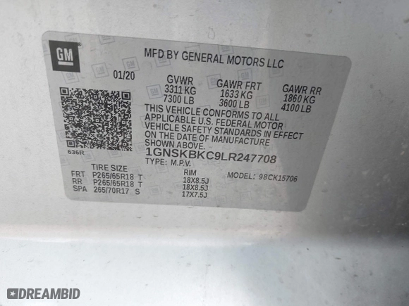 2020 Chevrolet Tahoe LT with VIN 1GNSKBKC9LR247708, listed as a IAAI auction lot 41732270 with 1 mi miles. Bid and sale history available at carsss.com. Image 9.