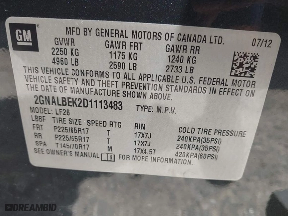 2013 Chevrolet Equinox LS with VIN 2GNALBEK2D1113483, listed as a IAAI auction lot 41937913 with 93,515 mi miles. Bid and sale history available at carsss.com. Image 9.