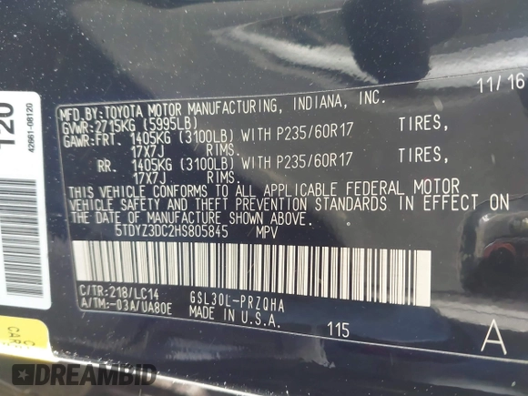 2017 Toyota Sienna XLE Auto Access Seat with VIN 5TDYZ3DC2HS805845, listed as a IAAI auction lot 41456888 with 138,475 mi miles and . Bid and sale history available at DreamBid. Image 9.