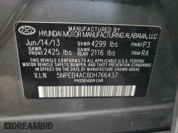 2013 Hyundai Sonata GLS z VIN 5NPEB4AC8DH766437, wystawiony jako Copart lot #56172035 z przebiegiem 100 588 mil mil oraz Szkoda całkowita • Salvage title. Historia ofert i sprzedaży dostępna na DreamBid. Obrazek 12.