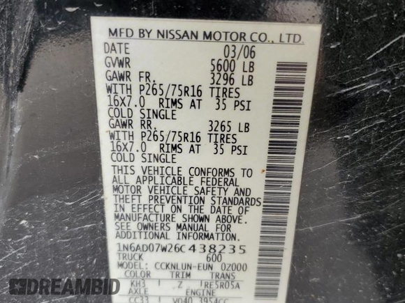 2006 Nissan Frontier Nismo z VIN 1N6AD07W26C438235, wystawiony jako Copart lot #60685544 z przebiegiem 164 137 mil mil oraz Szkoda całkowita • Salvage title. Historia ofert i sprzedaży dostępna na DreamBid. Obrazek 14.