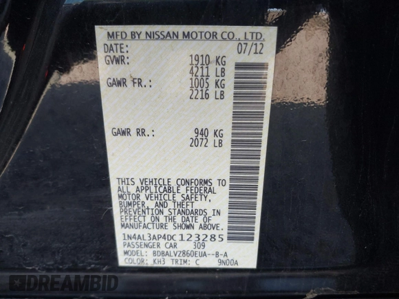 2013 Nissan Altima SV with VIN 1N4AL3AP4DC123285, listed as a IAAI auction lot 42229380 with 149,129 mi miles and . Bid and sale history available at carsss.com. Image 9.