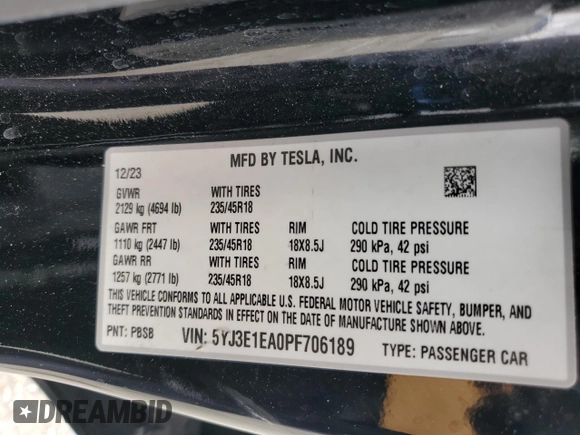 2023 Tesla Model 3 с VIN 5YJ3E1EA0PF706189, выставлен на аукционе Copart как лот 56756435 с пробегом 58 084 миль миль и Списание • Salvage title. История ставок и продаж доступна на DreamBid. Изображение 13.
