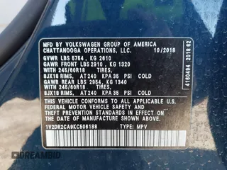 2019 Volkswagen Atlas SE with VIN 1V2DR2CA9KC506188, listed as a IAAI auction lot 41221389 with 67,593 mi miles and . Bid and sale history available at DreamBid. Image 9.