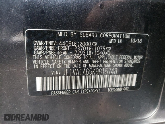 2019 Subaru WRX with VIN JF1VA1A69K9815748, listed as a Copart auction lot 36079333 with 61,171 mi miles. Bid and sale history available at carsss.com. Image 12.