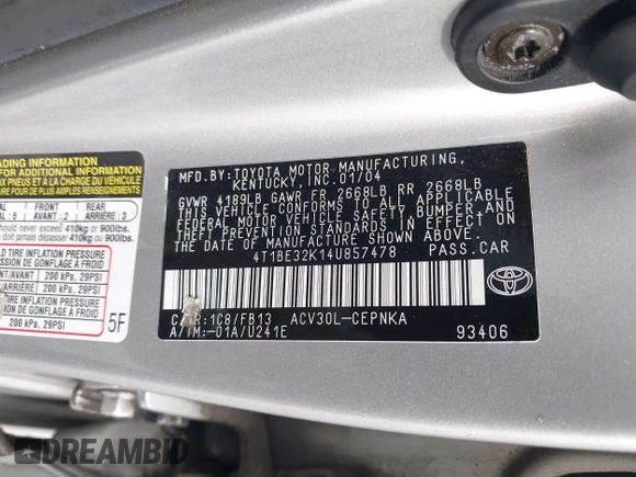 2004 Toyota Camry LE with VIN 4T1BE32K14U857478, listed as a IAAI auction lot 42654878 with 210,542 mi miles and . Bid and sale history available at DreamBid. Image 9.