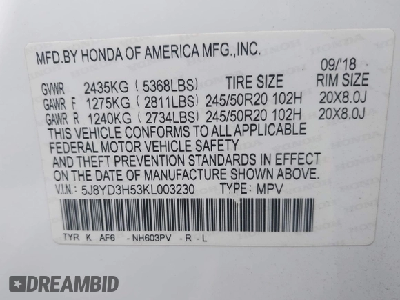 2019 Acura MDX Technology z VIN 5J8YD3H53KL003230, wystawiony jako IAAI lot #42040879 z przebiegiem 69 798 mil mil oraz . Historia ofert i sprzedaży dostępna na DreamBid. Obrazek 9.