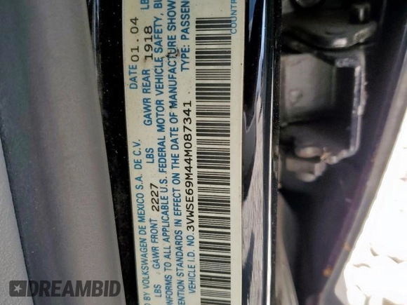 2004 Volkswagen Jetta GLS with VIN 3VWSE69M44M087341, listed as a Copart auction lot 59935515 with 116,139 mi miles and Salvage title. Bid and sale history available at DreamBid. Image 12.