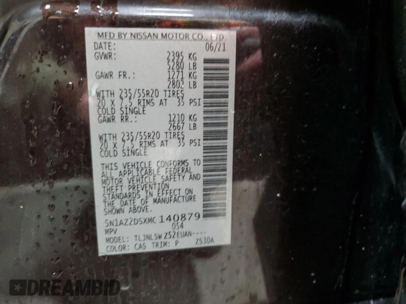 2021 Nissan Murano Platinum z VIN 5N1AZ2DSXMC140879, wystawiony jako Copart lot #51484265 z przebiegiem 64 400 mil mil oraz Szkoda całkowita • Salvage title. Historia ofert i sprzedaży dostępna na DreamBid. Obrazek 15.