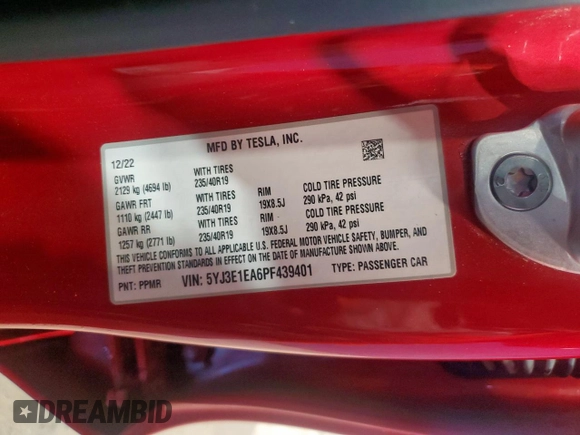 2023 Tesla Model 3 with VIN 5YJ3E1EA6PF439401, listed as a Copart auction lot 61896905 with 110,171 mi miles and Clean title. Bid and sale history available at DreamBid. Image 13.