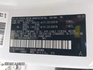 2021 Toyota Highlander L with VIN 5TDZZRAH2MS515171, listed as a IAAI auction lot 41976426 with 63,339 mi miles and . Bid and sale history available at DreamBid. Image 9.