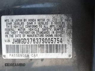 2007 Honda Fit Sport with VIN JHMGD37637S005754, listed as a IAAI auction lot 42663714 with 239,000 mi miles and . Bid and sale history available at DreamBid. Image 9.