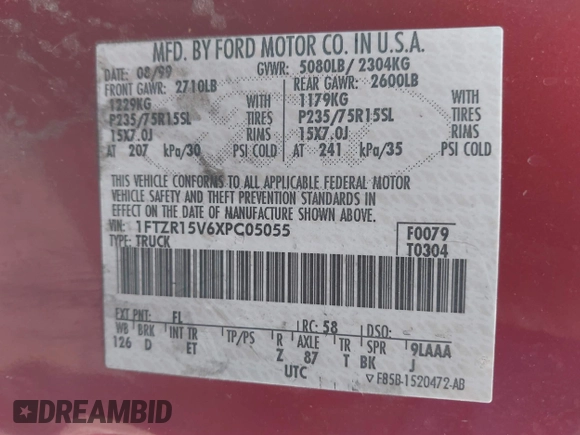 1999 Ford Ranger XL with VIN 1FTZR15V6XPC05055, listed as a IAAI auction lot 41426216 with 252,353 mi miles. Bid and sale history available at carsss.com. Image 9.