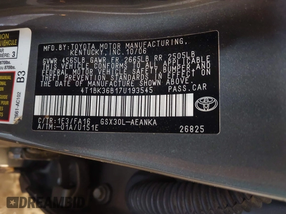 2007 Toyota Avalon XL z VIN 4T1BK36B17U193545, wystawiony jako IAAI lot #42202391 z przebiegiem 98 388 mil mil oraz . Historia ofert i sprzedaży dostępna na DreamBid. Obrazek 9.