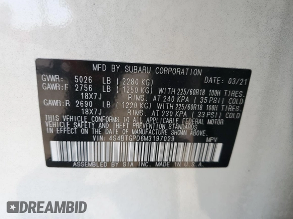2021 Subaru Outback Touring XT with VIN 4S4BTGPD6M3197029, listed as a Copart auction lot 55700654 with Not provided miles and Non repairable. Bid and sale history available at DreamBid. Image 14.