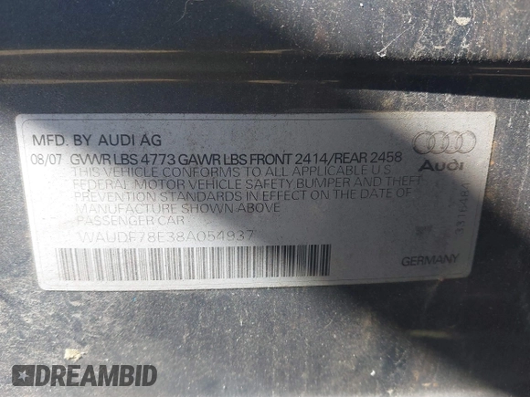 2008 Audi A4 2.0T z VIN WAUDF78E38A054937, wystawiony jako IAAI lot #41747241 z przebiegiem 85 306 mil mil oraz . Historia ofert i sprzedaży dostępna na DreamBid. Obrazek 9.