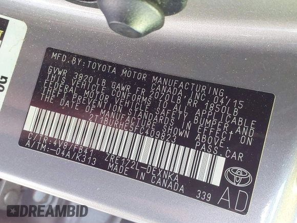 2015 Toyota Corolla L with VIN 2T1BURHE5FC409823, listed as a IAAI auction lot 41628330 with 125,923 mi miles and . Bid and sale history available at DreamBid. Image 9.
