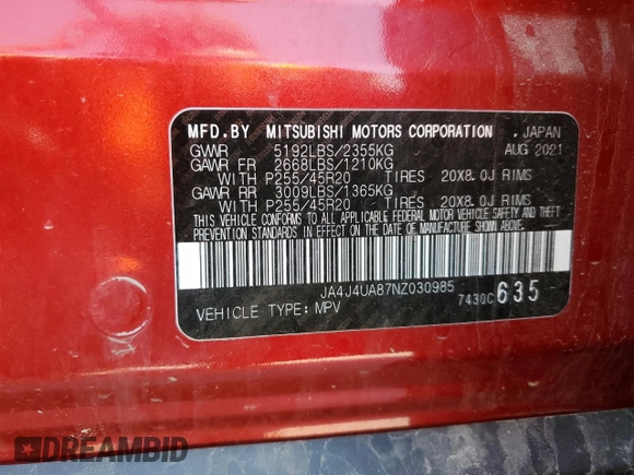 2022 Mitsubishi Outlander SE with VIN JA4J4UA87NZ030985, listed as a Copart auction lot 53522645 with Not provided miles and Salvage title. Bid and sale history available at DreamBid. Image 13.