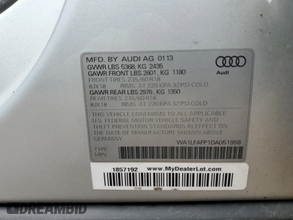 2013 Audi Q5 Premium Plus with VIN WA1LFAFP1DA051958, listed as a Copart auction lot 59240815 with 130,470 mi miles and Salvage title. Bid and sale history available at DreamBid. Image 13.