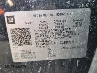 2020 GMC Acadia SLT with VIN 1GKKNML43LZ188310, listed as a Copart auction lot 46522875 with 105,111 mi miles and Salvage Title. Bid and sale history available at DreamBid. Image 13.