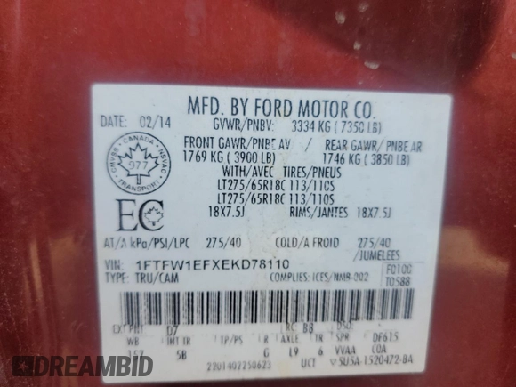 2014 Ford F-150 XL with VIN 1FTFW1EFXEKD78110, listed as a Copart auction lot 63705345 with 195,738 mi miles and Clean title. Bid and sale history available at DreamBid. Image 12.