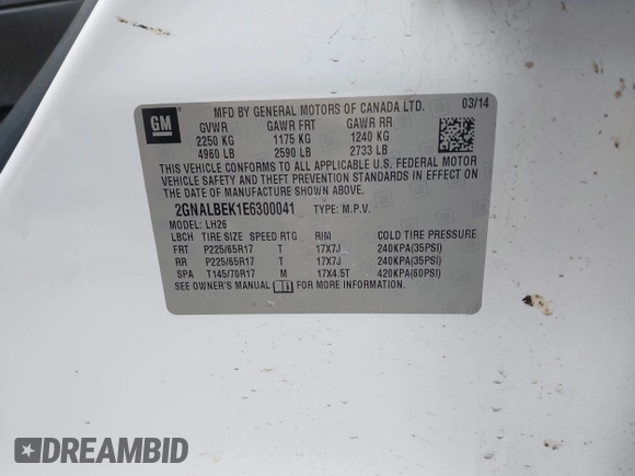 2014 Chevrolet Equinox LT with VIN 2GNALBEK1E6300041, listed as a IAAI auction lot 41393963 with 151,000 mi miles. Bid and sale history available at carsss.com. Image 9.