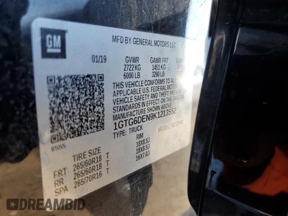 2019 GMC Canyon 4WD SLT with VIN 1GTG6DEN9K1213552, listed as a Copart auction lot 87034594 with 134,185 mi miles and Salvage Title. Bid and sale history available at carsss.com. Image 12.