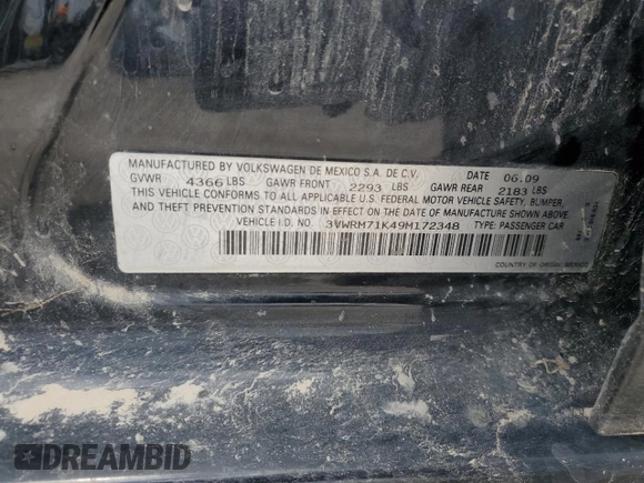 2009 Volkswagen Jetta SE with VIN 3VWRM71K49M172348, listed as a Copart auction lot 60603895 with 129,515 mi miles and Salvage title. Bid and sale history available at DreamBid. Image 12.