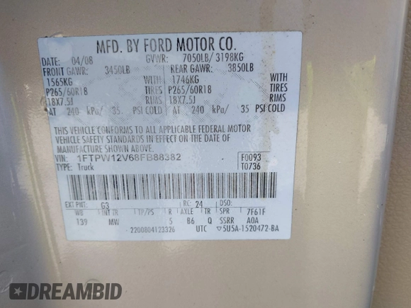2008 Ford F-150 XLT with VIN 1FTPW12V68FB88382, listed as a IAAI auction lot 41737462 with 144,174 mi miles and . Bid and sale history available at DreamBid. Image 9.