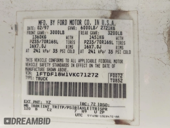 1997 Ford F-150 with VIN 1FTDF18W1VKC71272, listed as a IAAI auction lot 42736151 with 160,730 mi miles and . Bid and sale history available at DreamBid. Image 9.