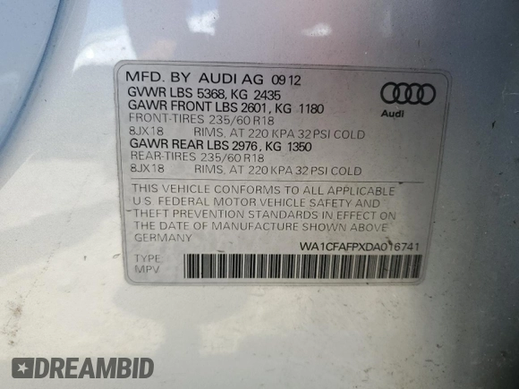 2013 Audi Q5 Premium with VIN WA1CFAFPXDA016741, listed as a Copart auction lot 52041075 with 0 mi miles and Salvage Title. Bid and sale history available at carsss.com. Image 12.
