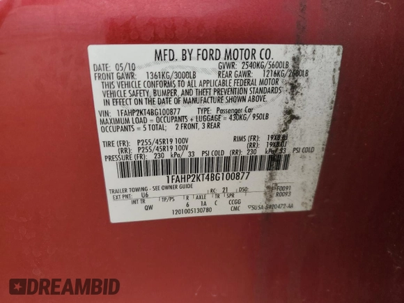 2011 Ford Taurus SHO with VIN 1FAHP2KT4BG100877, listed as a Copart auction lot 44029645 with 153,661 mi miles and Salvage Title. Bid and sale history available at DreamBid. Image 14.