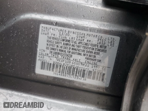 2020 Nissan Sentra S with VIN 3N1AB8BV2LY234238, listed as a Copart auction lot 50545425 with 99,977 mi miles and Salvage Title. Bid and sale history available at carsss.com. Image 12.