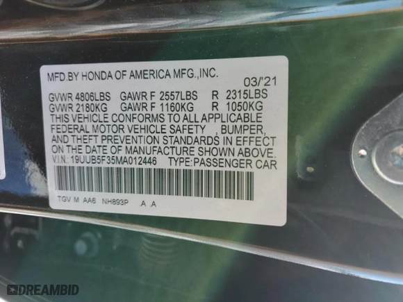 2021 Acura TLX with VIN 19UUB5F35MA012446, listed as a Copart auction lot 45166775 with 63,851 mi miles and Salvage Title. Bid and sale history available at carsss.com. Image 12.