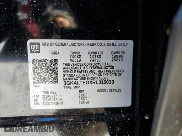2024 GMC Terrain SLE with VIN 3GKALTEGXRL315038, listed as a Copart auction lot 41626455 with 9,515 mi miles and Salvage Title. Bid and sale history available at DreamBid. Image 13.