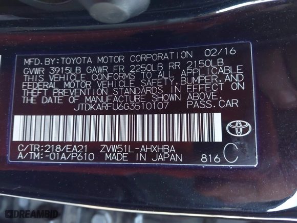 2016 Toyota Prius Four with VIN JTDKARFU6G3510107, listed as a IAAI auction lot 41456733 with 142,833 mi miles. Bid and sale history available at carsss.com. Image 9.