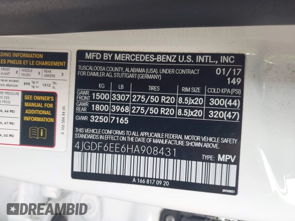 2017 Mercedes-Benz GLS 450 with VIN 4JGDF6EE6HA908431, listed as a IAAI auction lot 41914752 with 156,939 mi miles and . Bid and sale history available at DreamBid. Image 9.