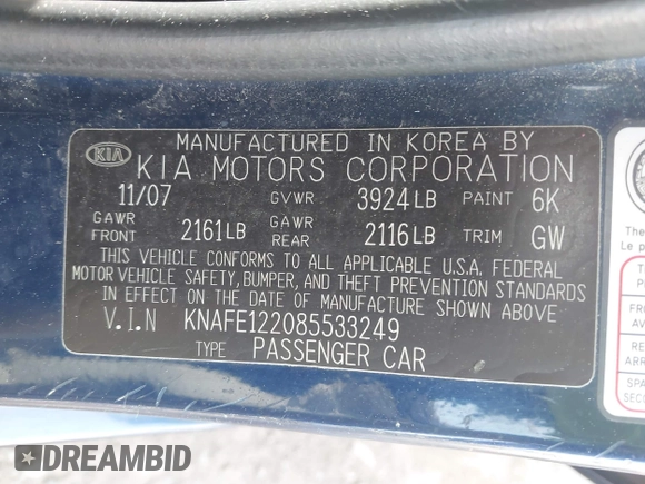 2008 Kia Spectra EX with VIN KNAFE122085533249, listed as a IAAI auction lot 42105666 with 178,984 mi miles. Bid and sale history available at carsss.com. Image 9.