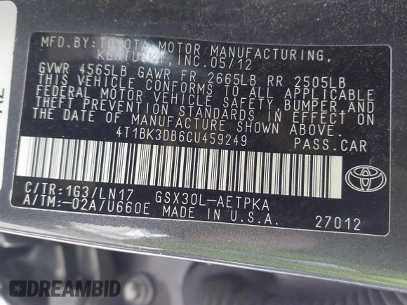 2012 Toyota Avalon with VIN 4T1BK3DB6CU459249, listed as a IAAI auction lot 41802571 with 147,955 mi miles. Bid and sale history available at carsss.com. Image 9.