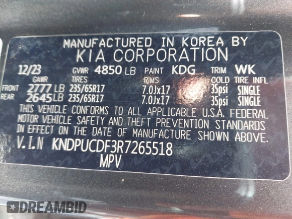 2024 Kia Sportage LX with VIN KNDPUCDF3R7265518, listed as a IAAI auction lot 41830707 with 29,574 mi miles and . Bid and sale history available at DreamBid. Image 9.