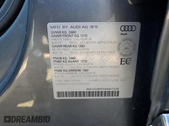 2017 Audi Q5 with VIN WA1V2AFP2HA007428, listed as a Copart auction lot 45793335 with 100,239 mi miles and Salvage title. Bid and sale history available at DreamBid. Image 13.