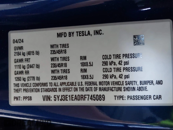 2024 Tesla Model 3 with VIN 5YJ3E1EA0RF745089, listed as a IAAI auction lot 41980217 with 9,851 mi miles and . Bid and sale history available at DreamBid. Image 9.